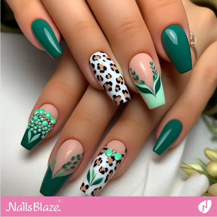 Embellished Green Nails Leopard Print Design | Animal Print Nails - NB2601